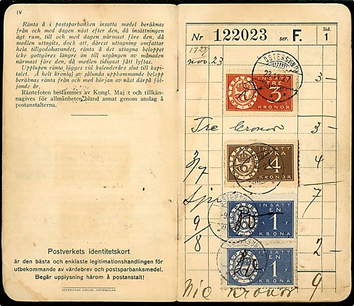 Sveriges Postsparbank Motbok. Indsat 1 kr. (par), 3 kr., 4 kr. og 5 kr. Postsparemærker stemplet Östersund 1927-1929. 
