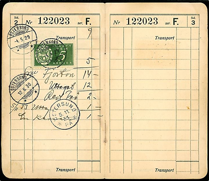 Sveriges Postsparbank Motbok. Indsat 1 kr. (par), 3 kr., 4 kr. og 5 kr. Postsparemærker stemplet Östersund 1927-1929. 
