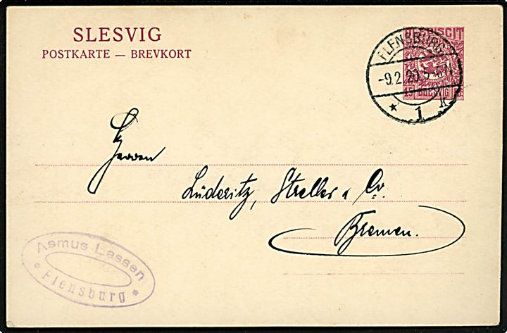 15 pfg. Fælles udg. helsagsbrevkort fra Flensburg *1k d. 9.2.1920 til Bremen, Tyskland.