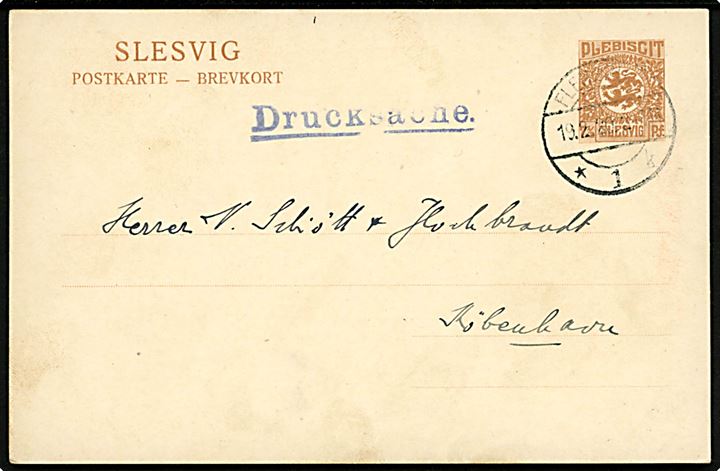 7½ pfg. Fælles udg. helsagsbrevkort sendt som tryksag fra Flensburg *1k d. 19.2.1920 til København, Danmark.