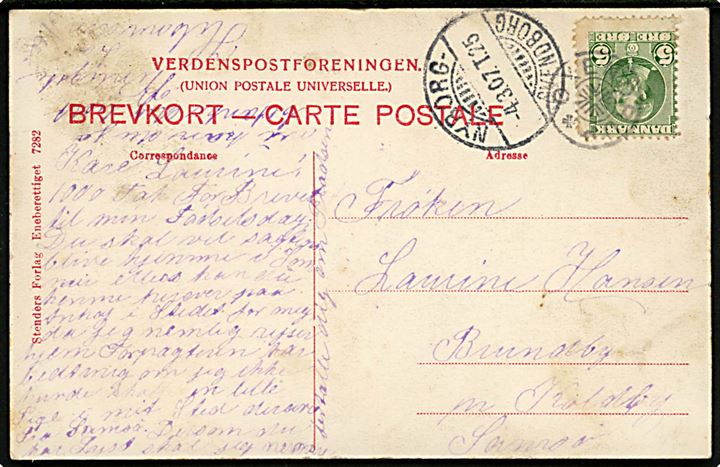 5 øre Chr. IX på brevkort (Øxendrup kirke) annulleret med stjernestempel ØXENDRUP og sidestemplet bureau Nyborg - Svendborg T.25 d. 4.3.1907 til Koldby på Samsø.