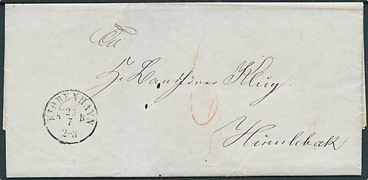 1863. Portobrev fra Kjøbenhavns Magistrat med antiqua stempel Kjøbenhavn KB d. 20.7.1867 til Humlebæk. Påskrevet 6 skilling porto.