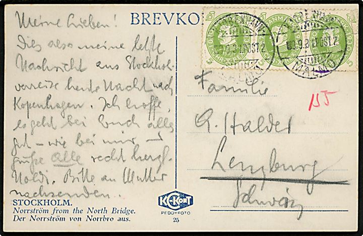 5 øre Chr. X 60 år i 3-stribe på brevkort (Stockholm) annulleret med sejlende bureaustempel Kjøbenhavn - Malmø POST 2 d. 9.9.1931 til Lenzburg, Schweiz.