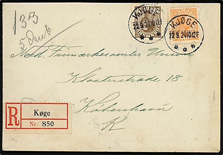 20 øre og 30 øre Chr. X på anbefalet brev annulleret med brotype IIIb Kjøge d. 22.9.1924 til København.