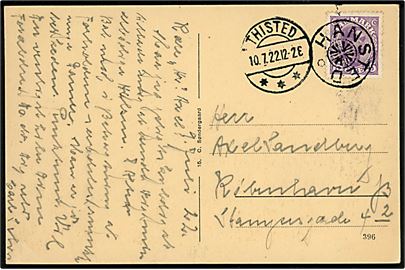 15 øre Chr. X på brevkort (Hanstholm Fyr) annulleret med stjernestempel HANSTED og sidestemplet Thisted d. 10.7.1922 til København.