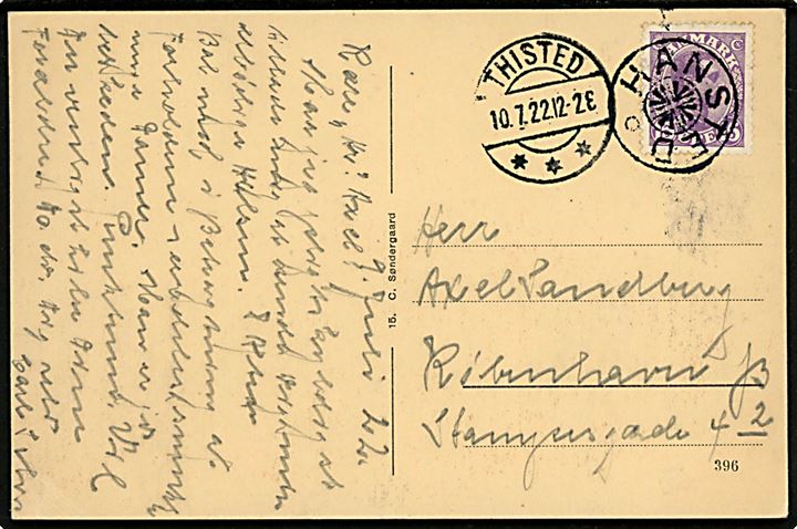 15 øre Chr. X på brevkort (Hanstholm Fyr) annulleret med stjernestempel HANSTED og sidestemplet Thisted d. 10.7.1922 til København.