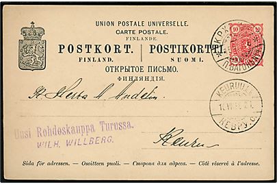 10 pen. Våben helsagsbrevkort fra Turku annulleret med bureaustempel K.P.X.P. No. 4 (= Turku-Toijala-Helsinki) d. 15.7.1898 til Keuruu k.k.
