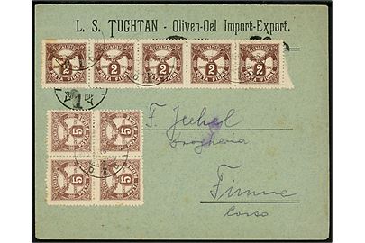 Ufrankeret lokalbrev med 2 cts. (5-stribe) og 5 cts. (fireblok) Portomærker stemplet Fiume d. 6.6.1916.