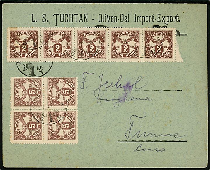 Ufrankeret lokalbrev med 2 cts. (5-stribe) og 5 cts. (fireblok) Portomærker stemplet Fiume d. 6.6.1916.