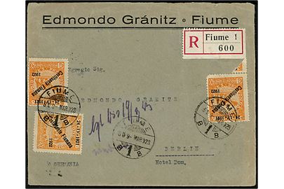 5 cts. (6), 10 cts. (3), 20 cts. (3) og 80 cts. 21-IV-1921 Costituente Fiumana 1922 Provisorium på for- og bagside af anbefalet brev fra Fiume d. 9.3.1923 til Berlin, Tyskland.