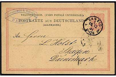 10 pfg. helsagsbrevkort stemplet Danzig d. 16.12.1891 til Skagen, Danmark. På bagsiden ank.stemplet antiqua Skagen d. 19.12.1881.