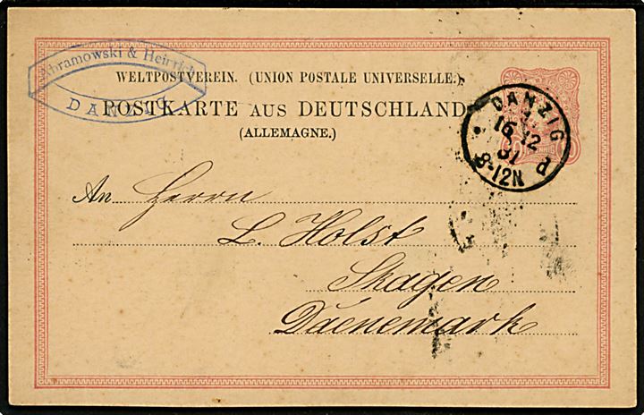 10 pfg. helsagsbrevkort stemplet Danzig d. 16.12.1891 til Skagen, Danmark. På bagsiden ank.stemplet antiqua Skagen d. 19.12.1881.