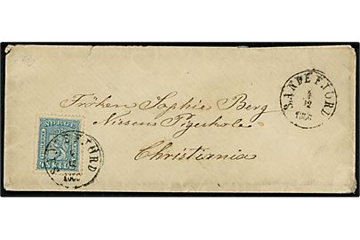 4 sk. Løve på brev annulleret Sandefjord d. 4.12.1866 til Nissens Pigeskole i Christiania. Revet på bagsiden.