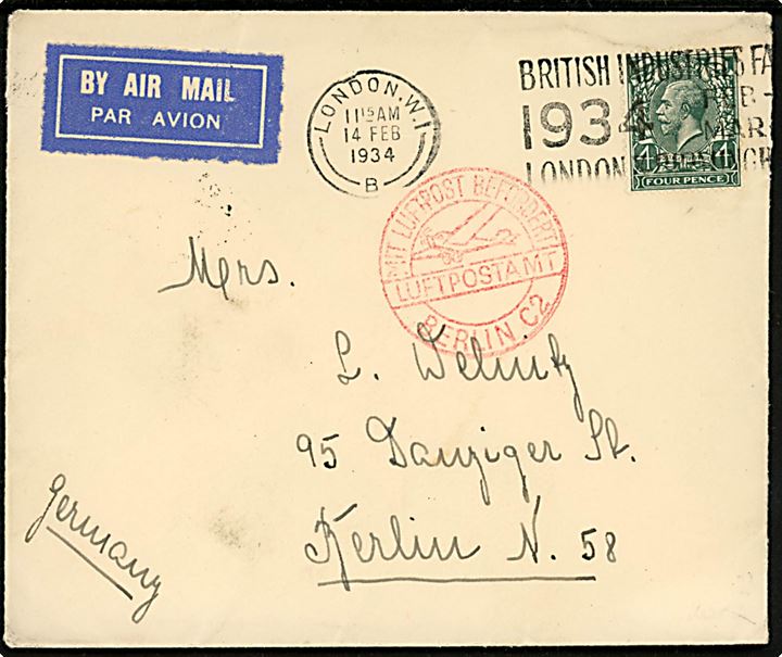4d George V single på luftpostbrev fra London d. 14.2.1934 til Berlin, Tyskland. Rødt stempel: Mit Luftpost befördert Luftpostamt Berlin C2. 