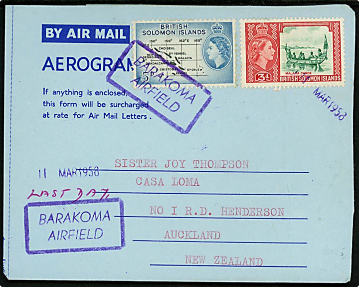 3d og 5d Elizabeth på aerogram annulleret med rammestempel BARAKOMA AIRFELD datostempel d. 11.3.1958 til Auckland, New Zealand.
