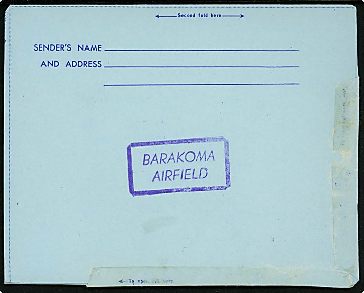 3d og 5d Elizabeth på aerogram annulleret med rammestempel BARAKOMA AIRFELD datostempel d. 11.3.1958 til Auckland, New Zealand.