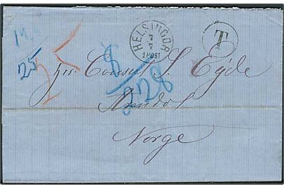 1877. Ufrankeret brev med lapidar stempel Helsingør d. 7.7.1877 til Arendal, Norge. Sort T-stempel og flere portopåteninger.