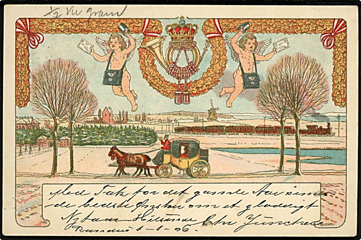5 øre Våben med perfin C. J. (Christian Juncher A/S) på Julemærke 1905 helsagskort fra Randers d. 2.1.1906 til København - eftersendt til Hellerup. Meddelelse skrevet af virksomhedsejer Chr. Juncher.