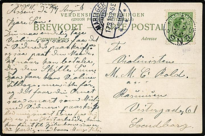 5 øre Chr. X på brevkort annulleret med stjernestempel ASSENS og sidestemplet Mariager d. 17.8.1918 til Svendborg.