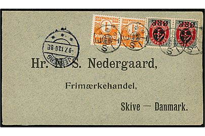 1 øre Bølgelinie og 4/8 øre Provisorium vm. II i parstykker på brev annulleret med stjernestempel TISE og sidestemplet Jebjerg d. 9.7.1913 til Skive.