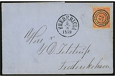 4 sk. Krone/Scepter artighedsklippet på brev annulleret med nr.stempel 17 og sidestemplet antiqua Fredericia d. 5.8.1859 til Frederikshavn.