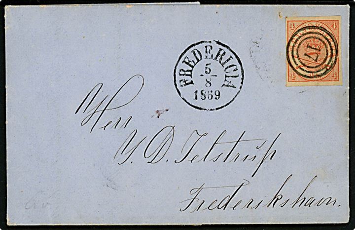 4 sk. Krone/Scepter artighedsklippet på brev annulleret med nr.stempel 17 og sidestemplet antiqua Fredericia d. 5.8.1859 til Frederikshavn.