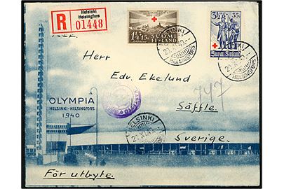 1,25+0,15 mk. og 3,50+0,35 mk. Røde Kors på illustreret Helsingfors Olympiade kuvert sendt anbefalet fra Helsingfors d. 20.11.1940 til Säffle, Sverige. På bagsiden Julemærke 1940.