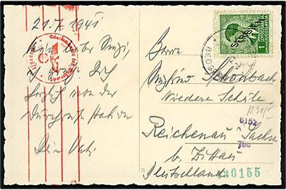 1 din. Serbien Provisorium single på brevkort fra Beograd d. 21.7.1941 til Reichenau, Tyskland. Tysk censur. 