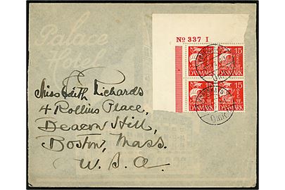15 øre Karavel i fireblok med marginalnummer No. 337 I på brev fra København d. 6.11.1928 til Boston, USA.