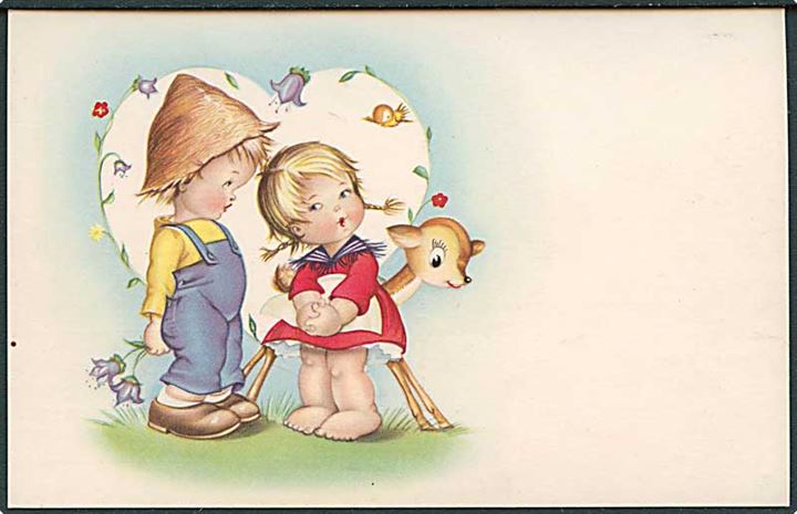 Små børn som står i et hjerte som et kærestepar. Serie på 6 kort. Stenders serie 1074.