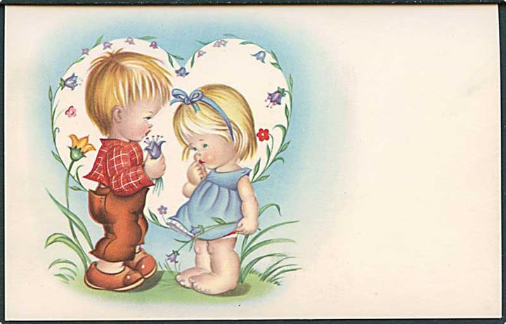 Små børn som står i et hjerte som et kærestepar. Serie på 6 kort. Stenders serie 1074.