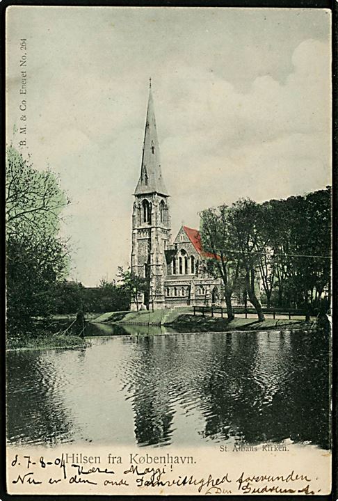 Købh. St. Albans kirke. B. M. & Co. no. 264. Med 3 øre tofarvet VM III annulleret København d. 07.09.1904 sendt lokalt. 