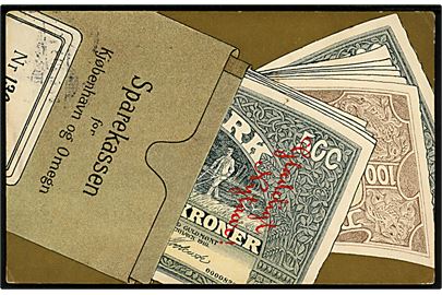 Nytårskort med sparrekasse bog og pengesedler. Ukendt tegner. A. Vincent no. 305/4.