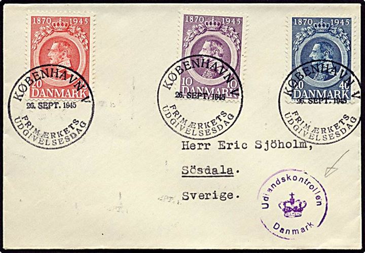 Chr. X på kuvert fra København d. 26.9.1945 til Sösdala. Stemplet Udlandskontrollen.