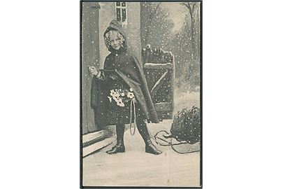 Pige i sneen med blomster i hånden og en kælk, banker på. Alex Vincent no 68/8.