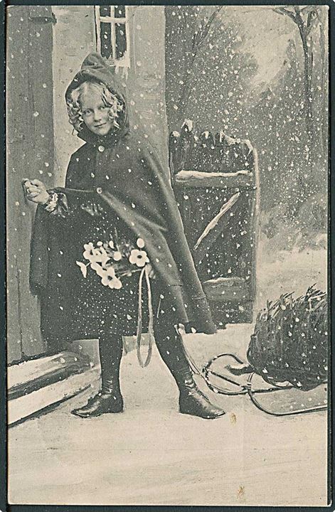 Pige i sneen med blomster i hånden og en kælk, banker på. Alex Vincent no 68/8.