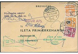 Ufrankeret brevkort stemplet København d. 8.8.1973. Udtakseret i 12 øre porto med grønt portomaskinstempel. Retur som modtagelse nægtet. Genfremsendt med 5 øre, 40 øre Bølgelinie og 5/6 øre Provisorium stemplet København d. 31.10.1974.