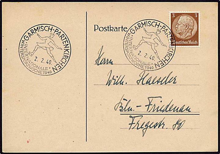 3 pfennig brun på postkort Garmisch-Partenkirchen d. 2.2.1940 til Berlin. Stemplet med kustskøjteløber.