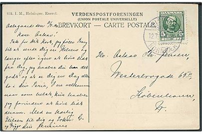 5 øre Fr. VIII på brevkort (Hellebæk strand) dateret Aalsgaarde og annulleret med bureaustempel Helsingør - Hornbæk T.5 (?) d. 12.7.1911 til København.