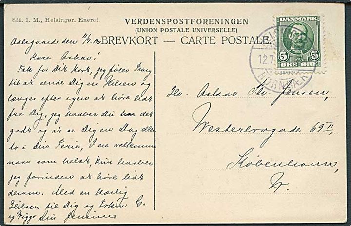 5 øre Fr. VIII på brevkort (Hellebæk strand) dateret Aalsgaarde og annulleret med bureaustempel Helsingør - Hornbæk T.5 (?) d. 12.7.1911 til København.