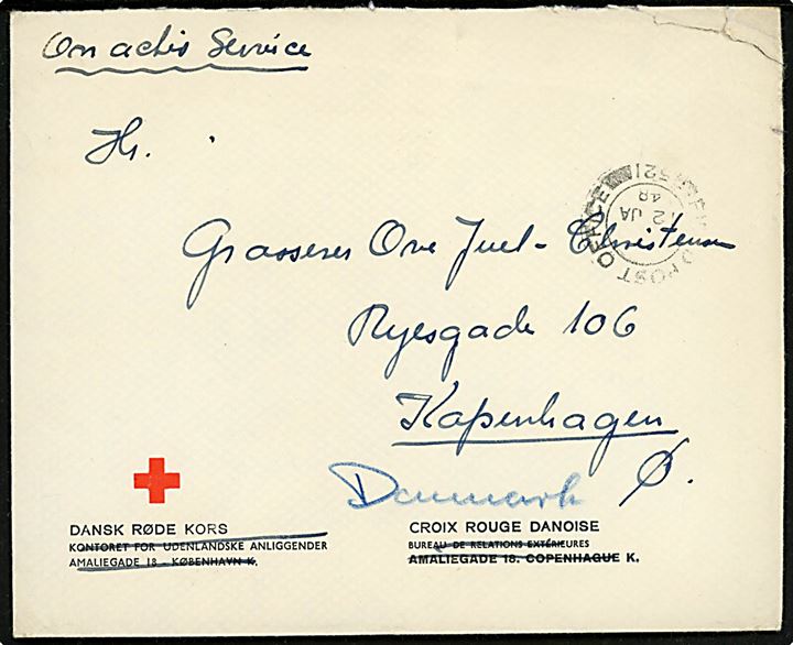 Ufrankeret fortrykt kuvert fra Dansk Røde Kors påskrevet On Active Service med britisk feltpoststempel Field Post Office 521 (= Neumünster) d. 12.1.1948 til København, Danmark. Sendt fra dansk røde kors medarbejder i Neumünster, Tyskland.