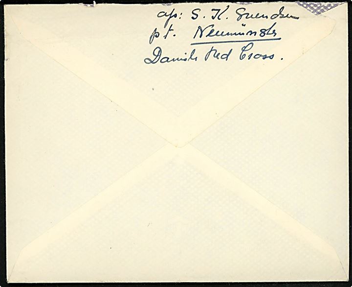 Ufrankeret fortrykt kuvert fra Dansk Røde Kors påskrevet On Active Service med britisk feltpoststempel Field Post Office 521 (= Neumünster) d. 12.1.1948 til København, Danmark. Sendt fra dansk røde kors medarbejder i Neumünster, Tyskland.