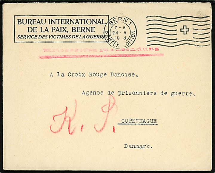 Fortrykt krigsfangebrev fra Bureau International de la Paix i Bern d. 24.5.1918 til Dansk Røde Kors i København. Bagklap mgl.