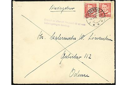 20 øre Fr. IX (2) på BREVFORSIDE af søndagsbrev fra Aabenraa d. 4.4.1948 til Odense. Violet stempel: Brevet er afsendt for sent til at naa Udbringningen Søndag.