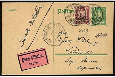 5 pfg. Adler helsagsbrevkort opfrankeret med 30 pfg. Adler sendt som ekspres fra Bamberg d. 17.10.1925 til Nürnberg.
