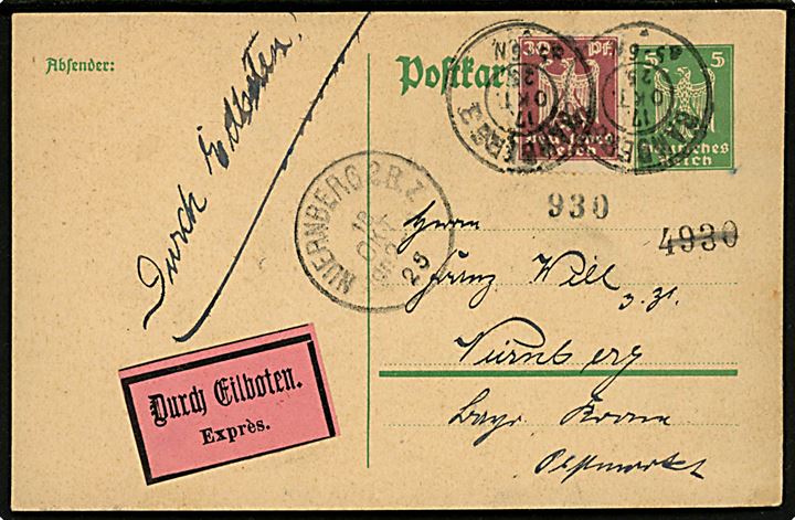 5 pfg. Adler helsagsbrevkort opfrankeret med 30 pfg. Adler sendt som ekspres fra Bamberg d. 17.10.1925 til Nürnberg.