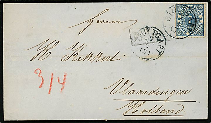 Württemberg. 7 kr. stukken kant single på brev fra Stuttgart d. 7.1.1870 til Vlaardringen, Holland. 