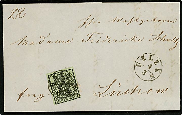 1 kr. Våben utakket single på brev annulleret Uelzen d. 4.3.1852 til Lüchow.