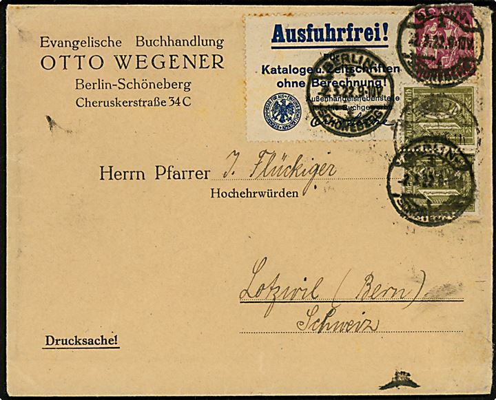 10 pfg. Ciffer i parstykke og 60 pfg. Smed på infla tryksag med Ausfuhrfrei! tryksags-etiket fra Berlin d. 2.3.1922 til Lotzwill (Bern), Schweiz.