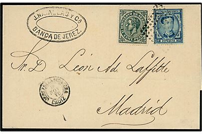 10 cts. Alfonso XII og 5 cts. Krigsskattemærke på brev annulleret med stumt stempel og sidestemplet Jerez de La Frontera Cadiz d. 1?.11.1876 til Madrid.